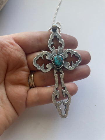 Navajo Sterling Silver & Turquoise Cross Pendant Signed Eugene Mitchell