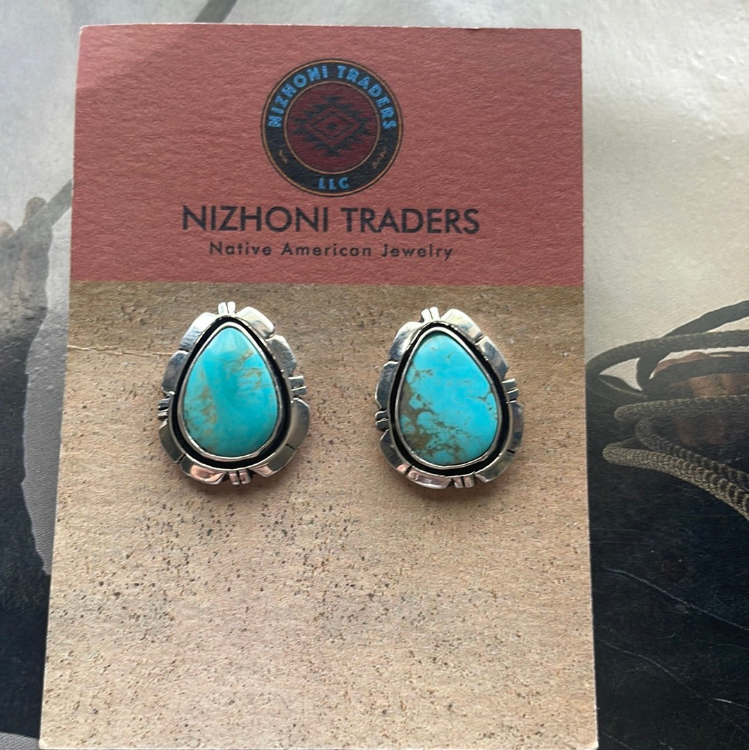 Navajo Turquoise And Sterling Silver Post Triangle Earrings Signed