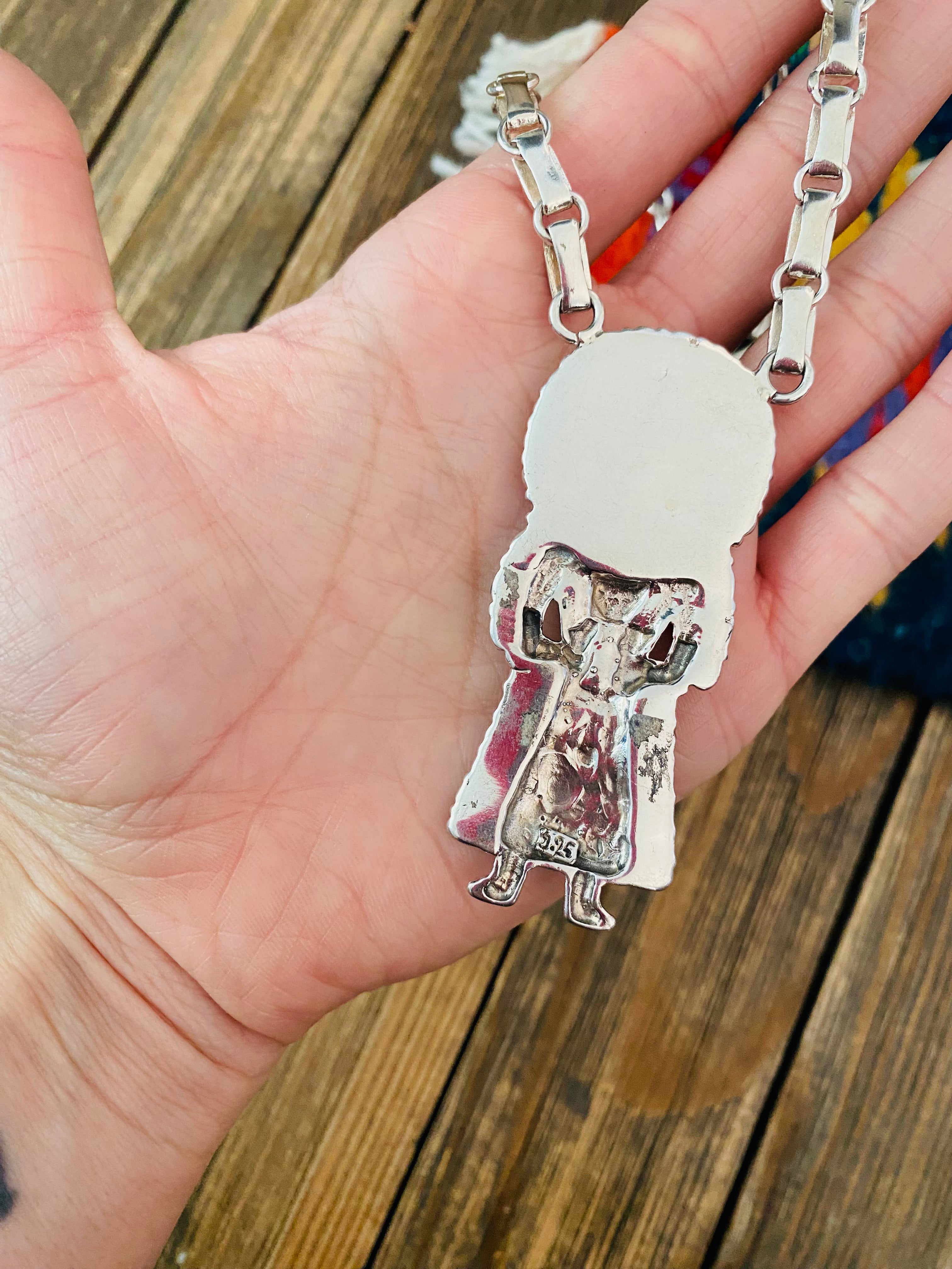 Gorgeous Handmade Sterling Silver & Multi Stone Inlay Kachina Necklace