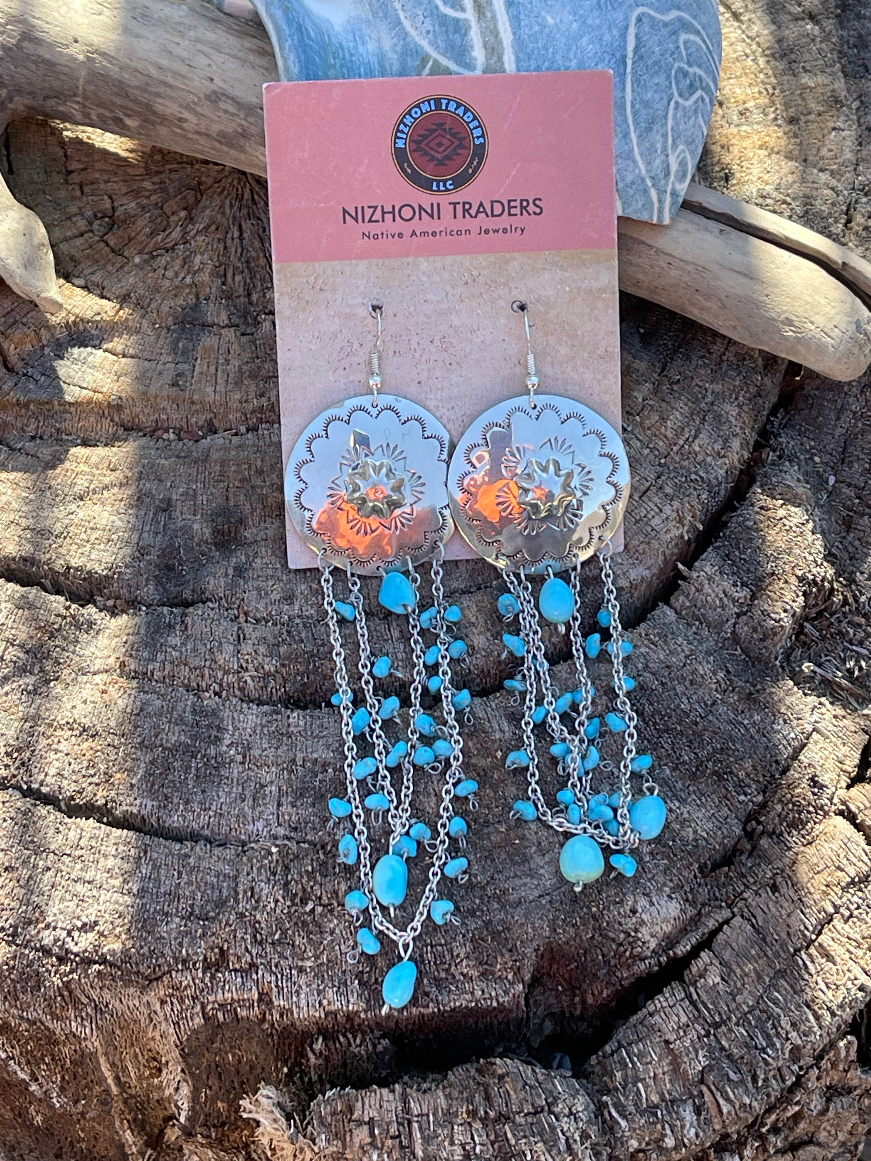 Navajo Sterling Silver Turquoise Concho Chain Dangle Earrings