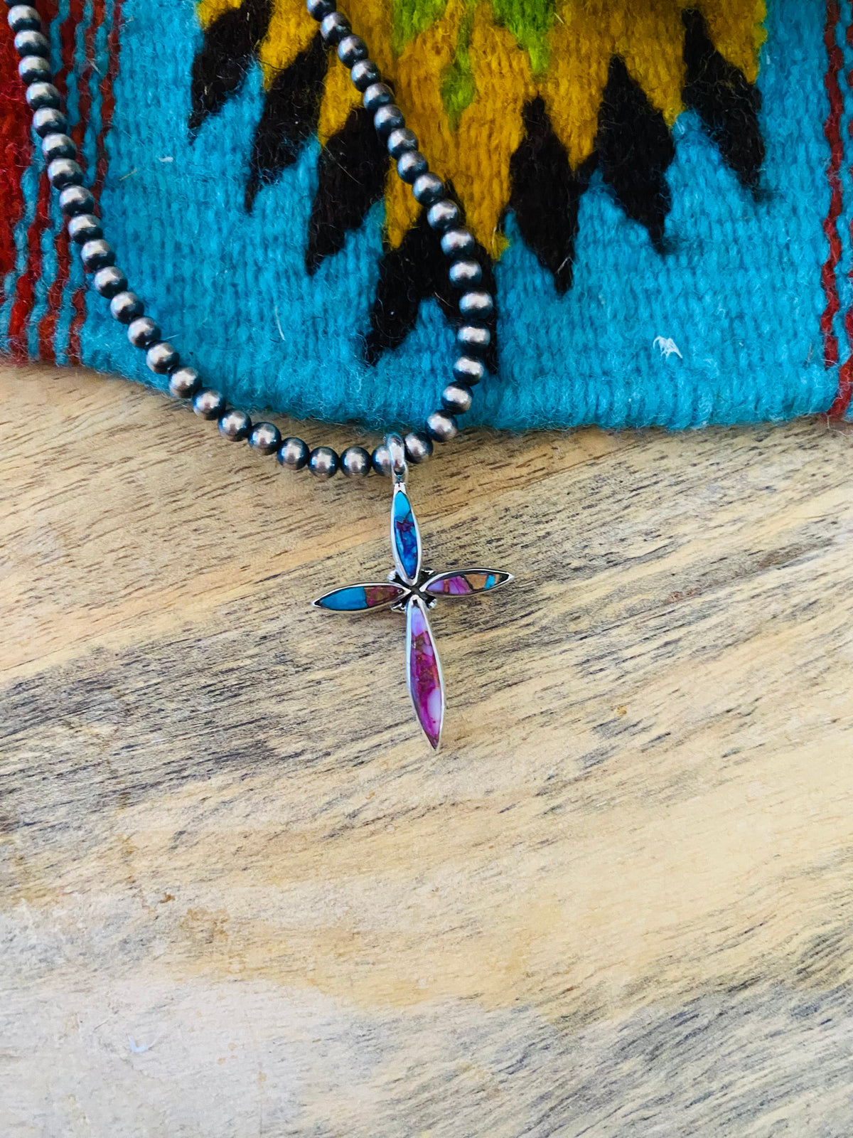 Navajo Sterling Silver & Pink Dream Cross Pendant