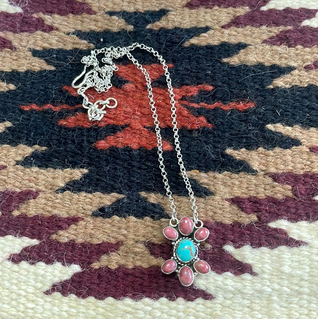 Handmade Sterling Silver, Rhodonite & Turquoise Necklace