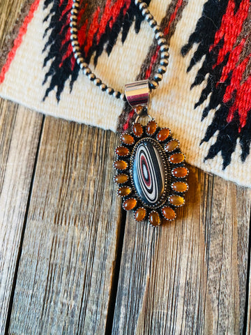 Handmade Sterling Silver, Fordite & Garnet Cluster Pendant