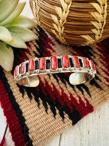 Navajo Coral & Sterling Silver Cuff Bracelet Signed