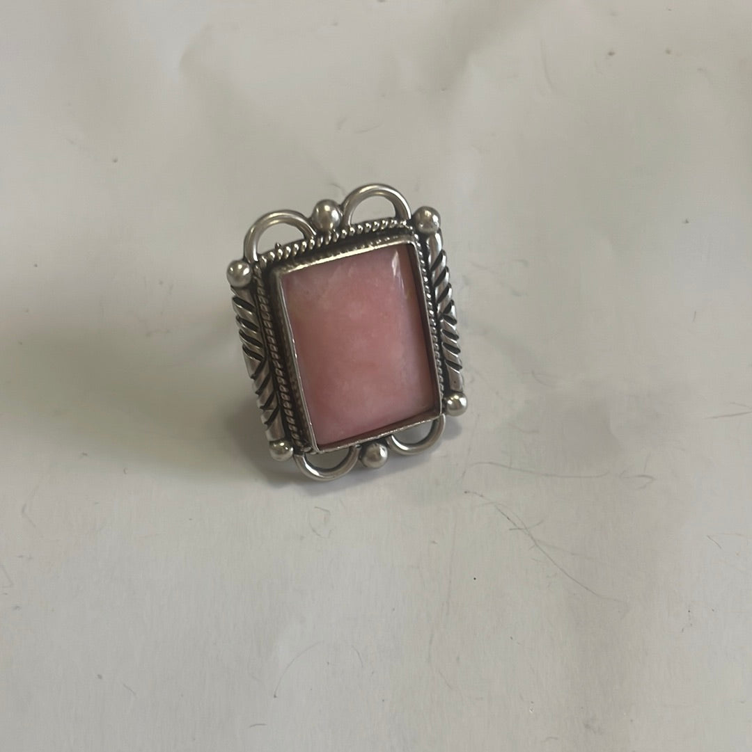 Gorgeous Navajo Pink Peruvian Opal And Sterling Silver Adjustable Ring