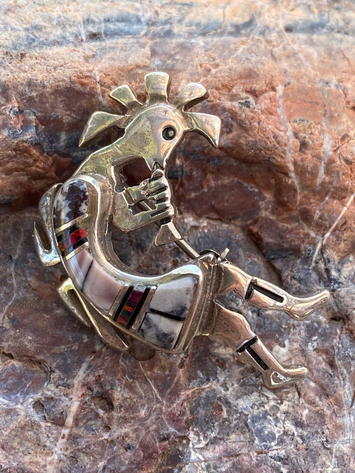 Navajo Onyx, Purple Spiny and Fire Opal  Sterling Silver Kokopelli Pin Pendant