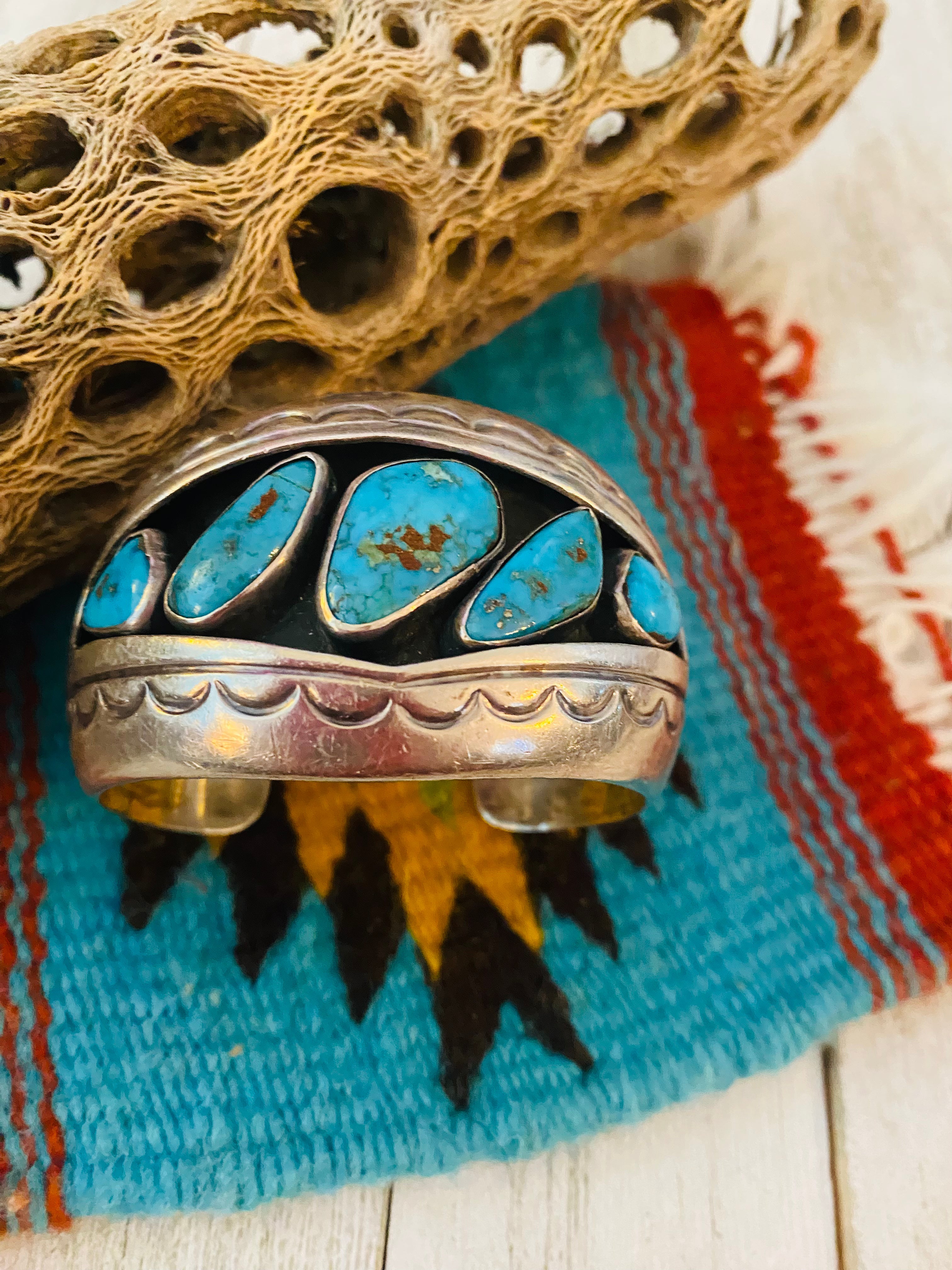 Navajo Old Pawn Vintage Turquoise & Sterling Silver Cuff Bracelet