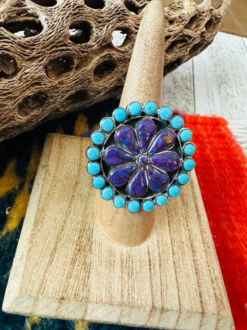 Handmade Sterling Silver, Turquoise & Purple Mojave Cluster Adjustable Ring