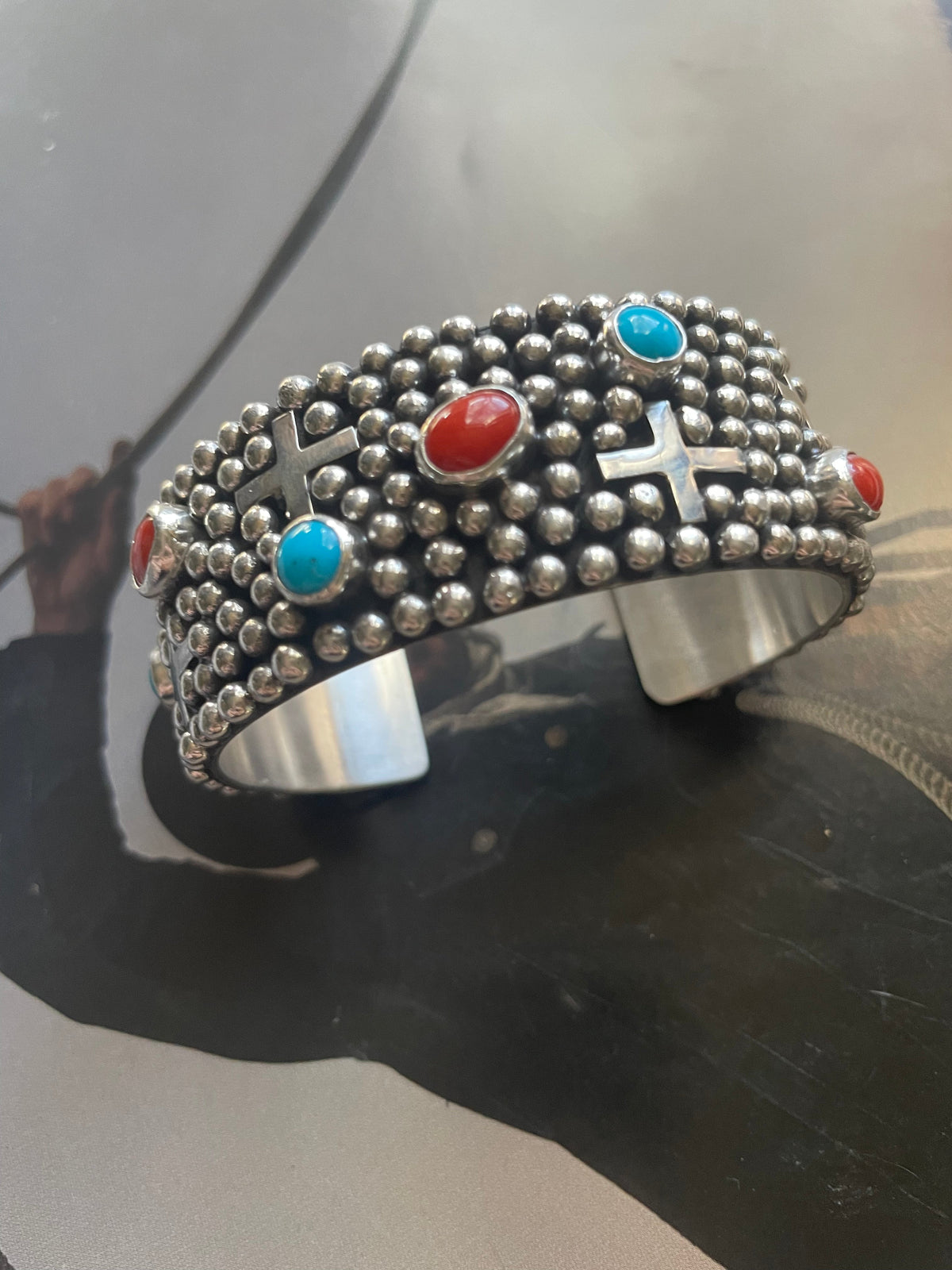 Navajo Sterling Silver, Turquoise, & Coral Cross Cuff Bracelet By Ronnie Willie