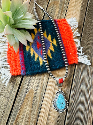 Navajo Sterling Silver, Turquoise & Coral Beaded Necklace