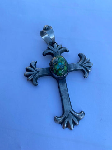 Navajo Sonoran Mountain Turquoise & Sterling Silver Cross Pendant By Chimney Butte