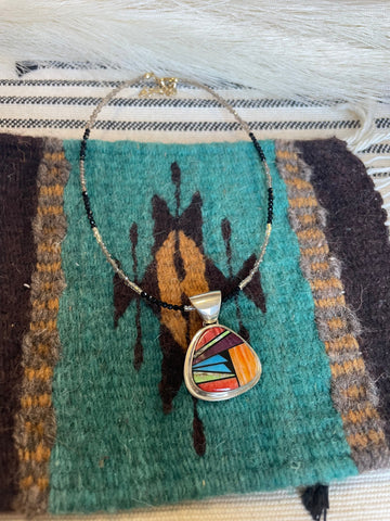 Navajo Multi Stone Inlay & Sterling Silver Pendant