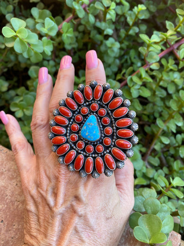 Shawn Cayatenito Cluster Turquoise & Coral Sterling Silver Ring Sz 10 Signed