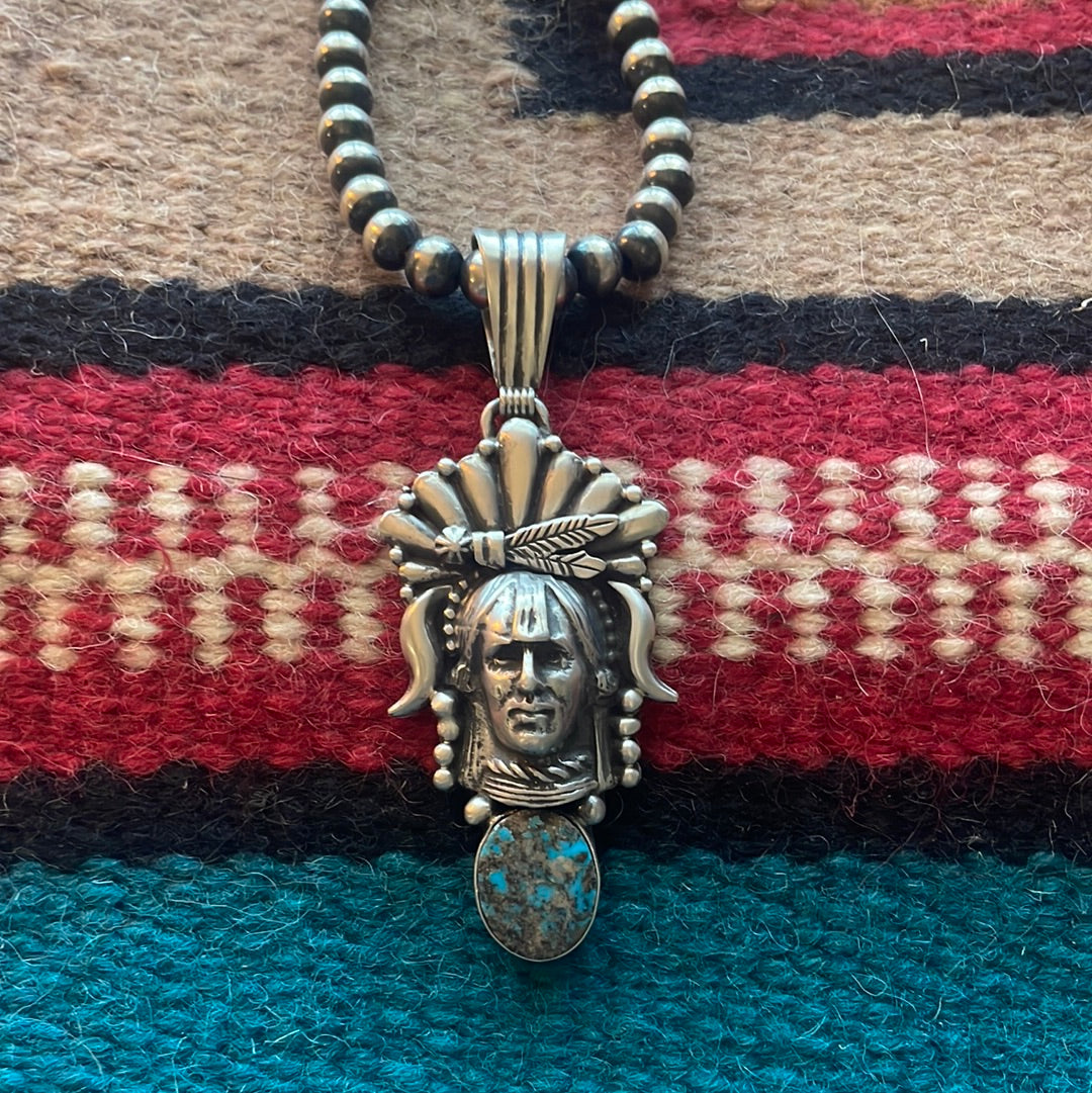 Beautiful Navajo Sterling Silver & Turquoise Chief Pendant Signed Russell Sam