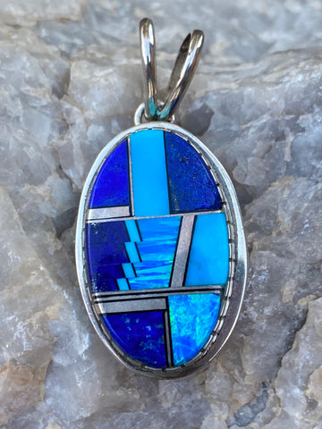 Navajo Lapis, Turquoise, Blue Opal Oval Pendant