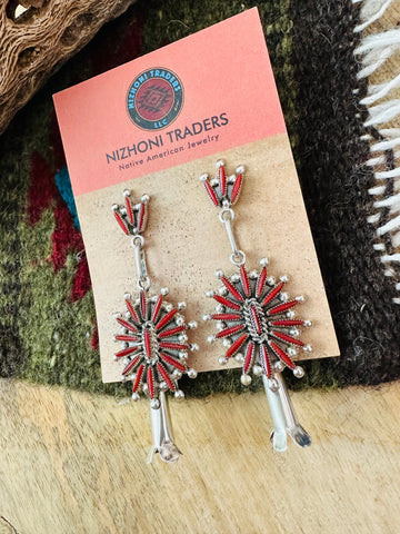 Zuni Sterling Silver & Coral Needlepoint Dangle Earrings