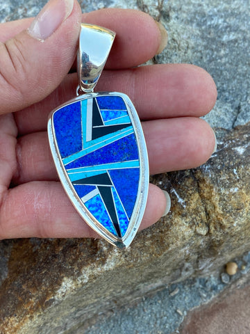 Navajo Lapis, Turquoise, Blue Opal Shield Pendant 2.5”