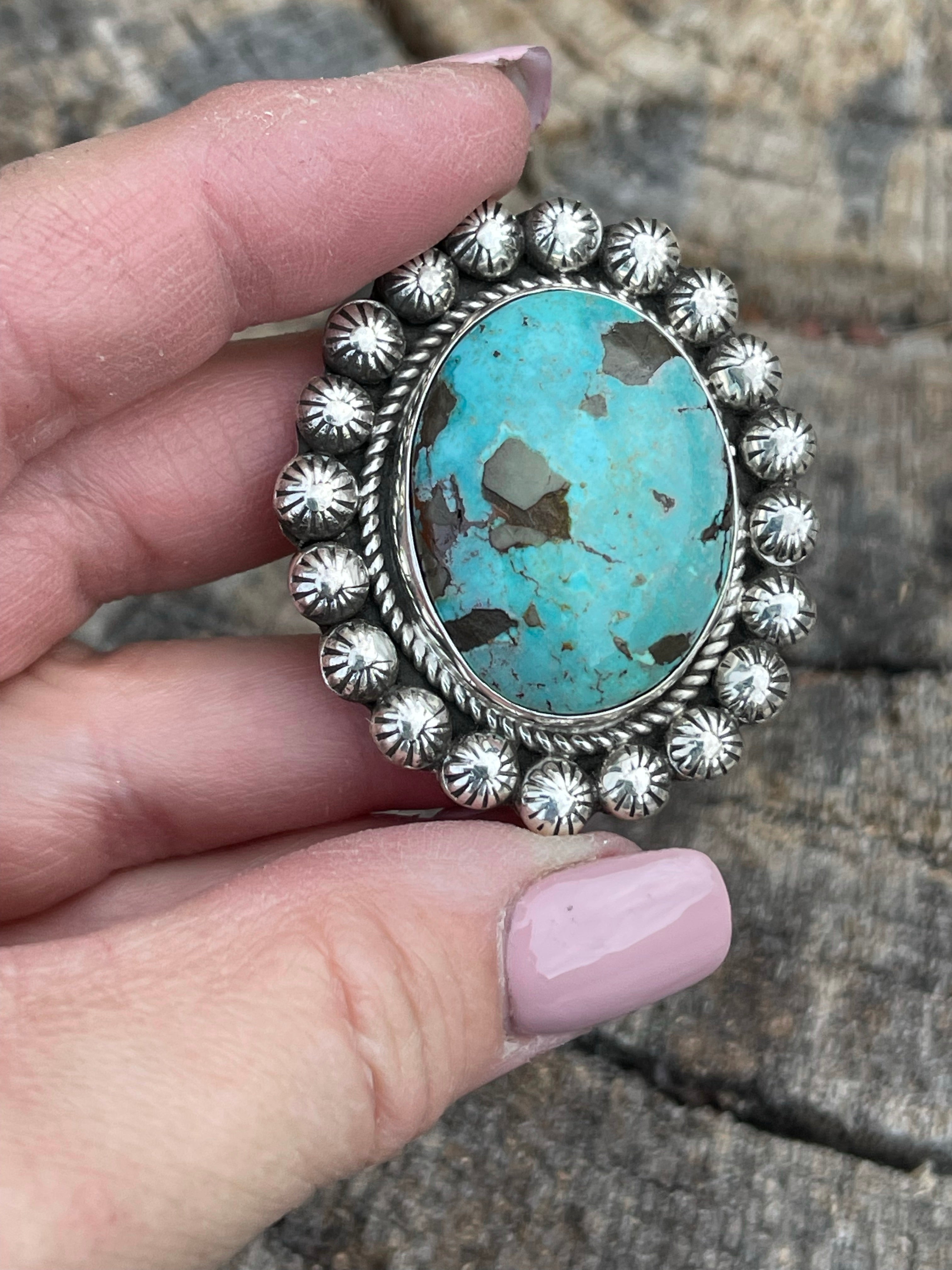 Navajo Sterling Cluster Silver Turquoise Oval Ring Sz 8