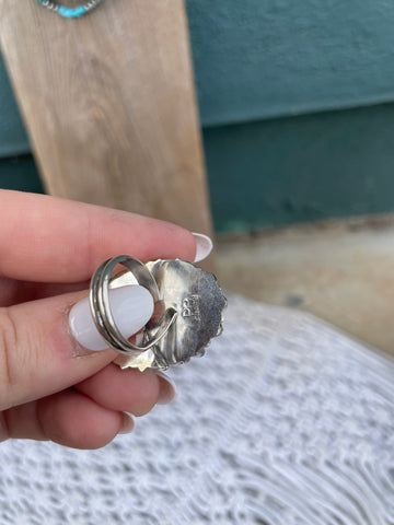 Navajo Turquoise And Sterling Silver Adjustable Cluster Ring