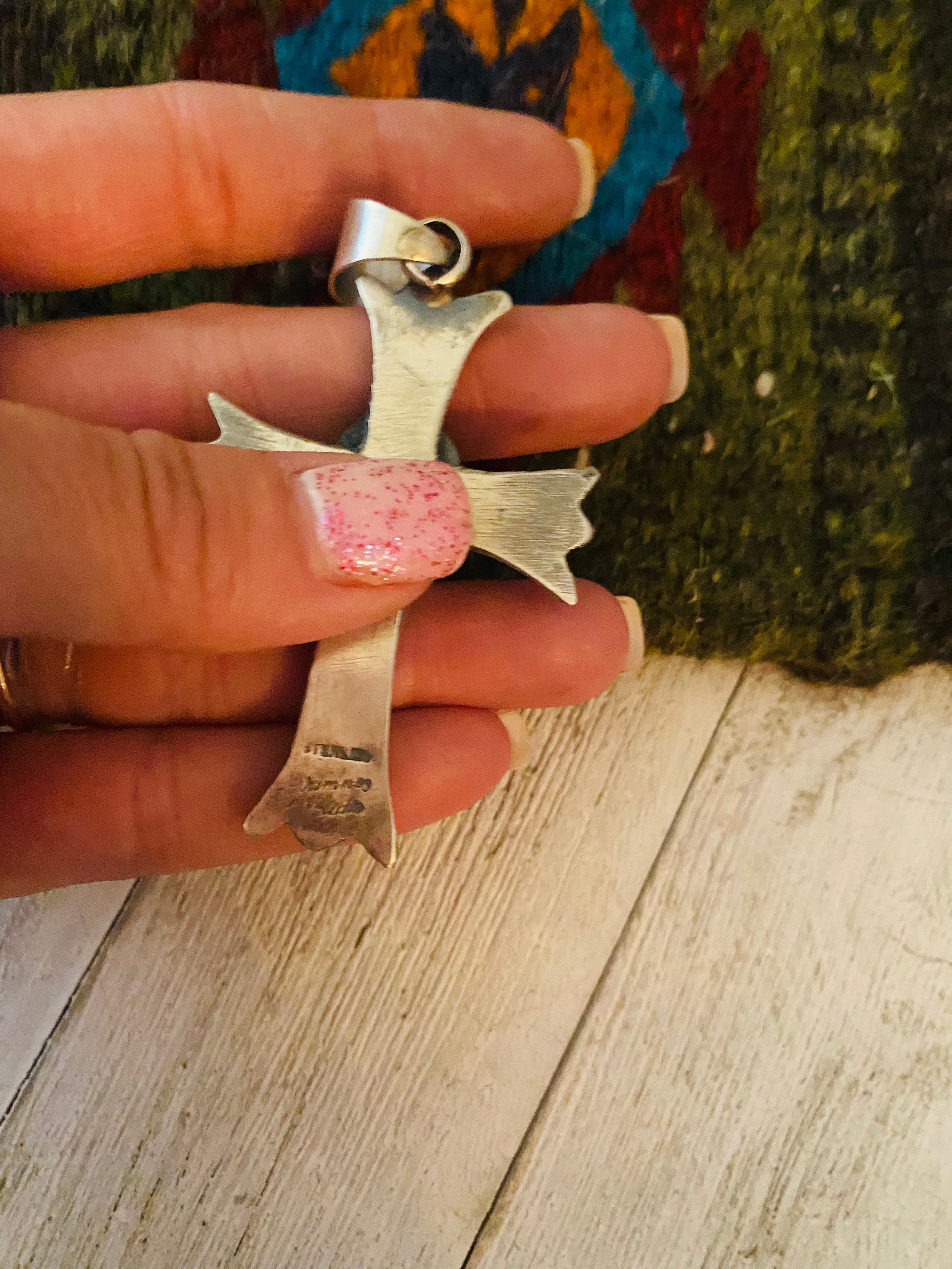 Navajo Sterling Silver & Turquoise Cross Pendant By Chimney Butte