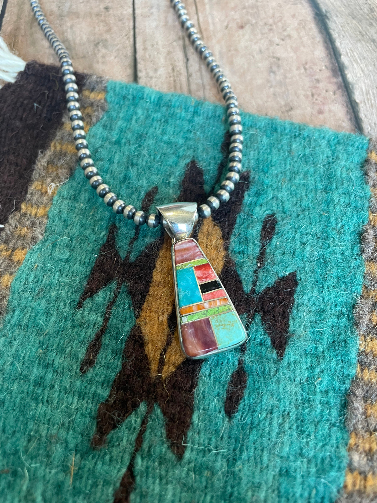 Navajo Multi Stone Inlay & Sterling Silver Pendant Signed