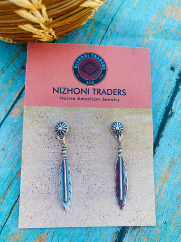 Navajo Sterling Silver Concho Feather Dangle Earrings