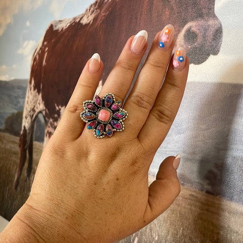 “Buy Me Flowers” Sterling Silver, Purple Dream & Pink Conch Adjustable Ring