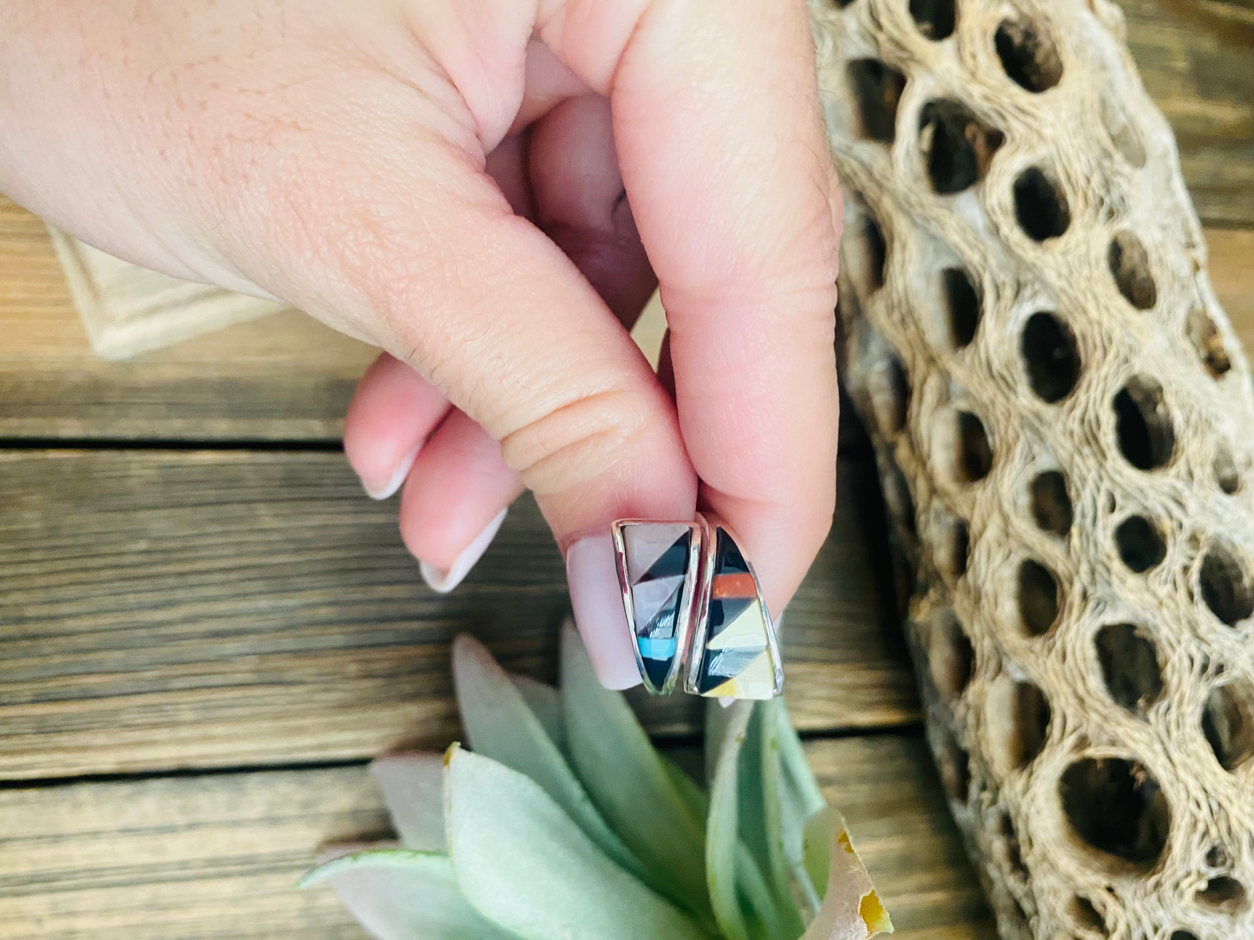 Zuni Sterling Silver & Multi Stone Inlay Adjustable Ring