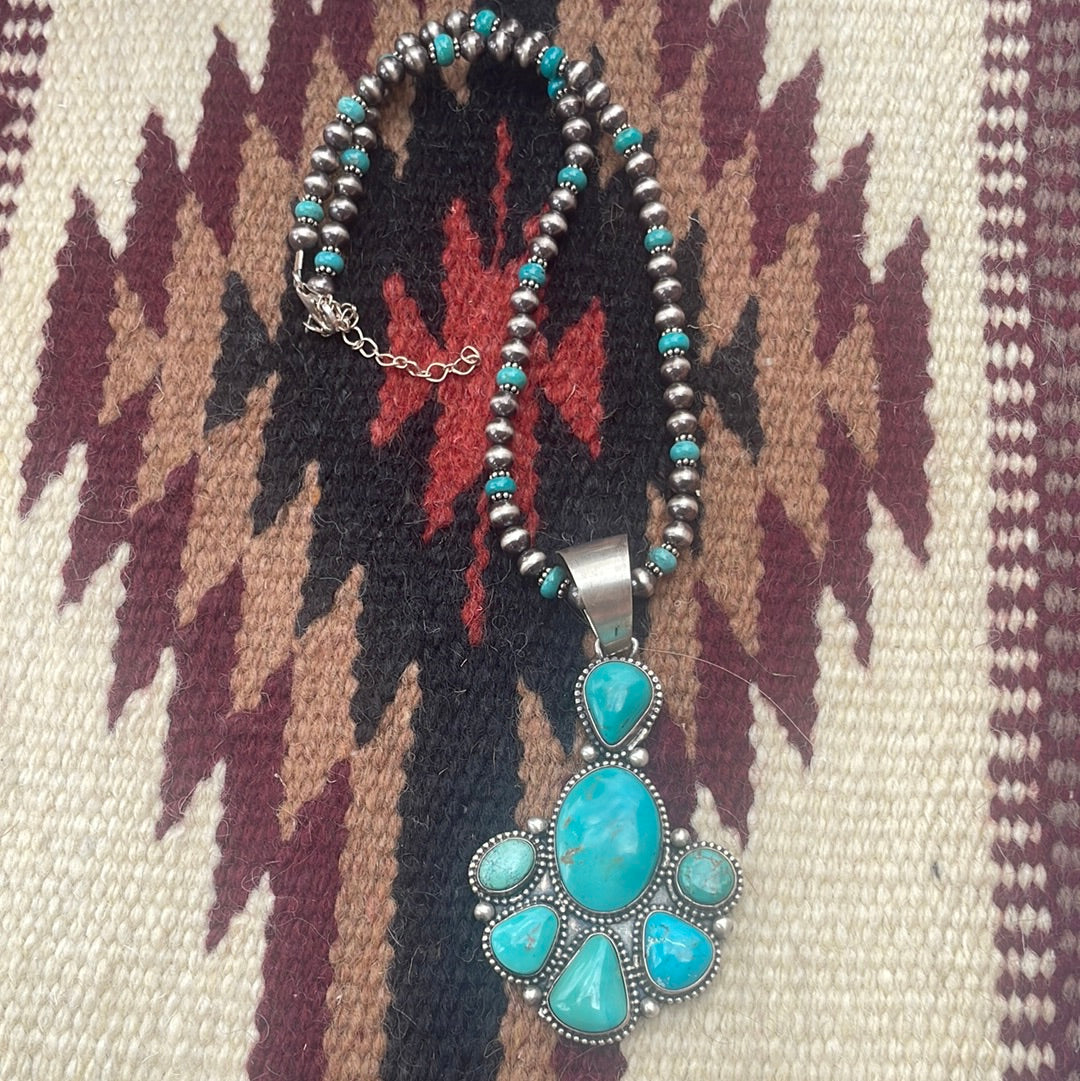 Navajo Sterling Silver & Turquoise Beaded Necklace With Pendant Signed Bea Tom