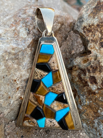 Navajo Rolled Turquoise, Petrified Wood, Onyx & Sterling Silver Pendant