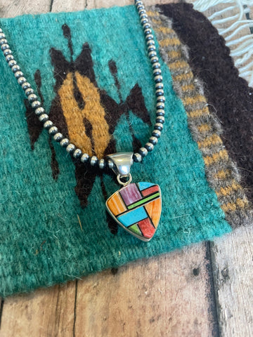 Navajo Multi Stone Inlay & Sterling Silver Pendant Signed