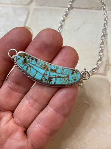 Navajo Sterling Silver & Turquoise Inlay Sleek Pendant Necklace