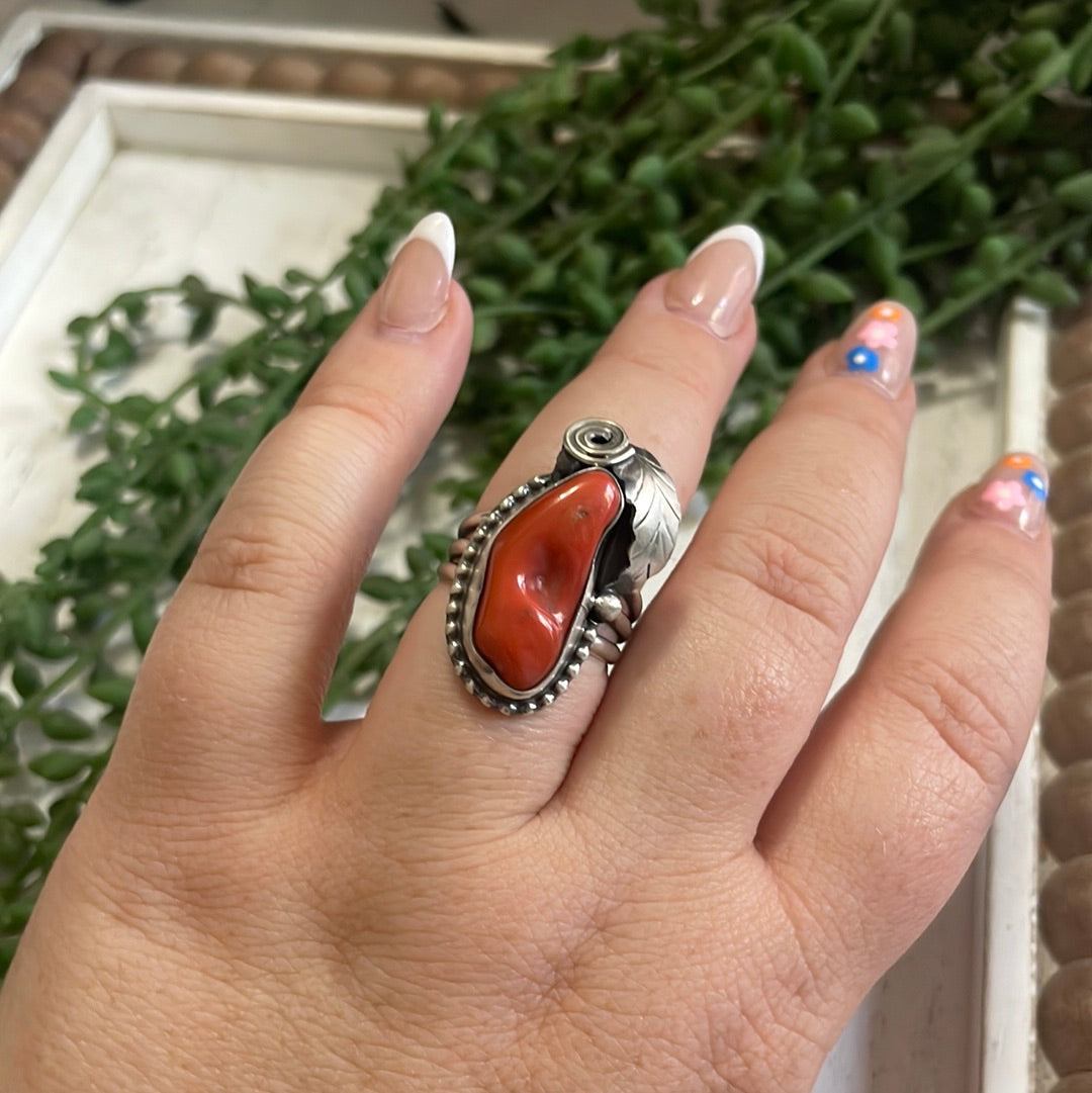 Navajo Coral & Sterling Silver Feather Ring Signed