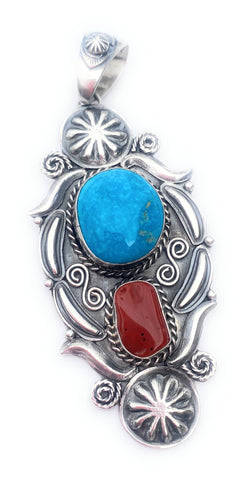 Navajo Sterling Silver, Kingman Turquoise & Coral Pendant Signed