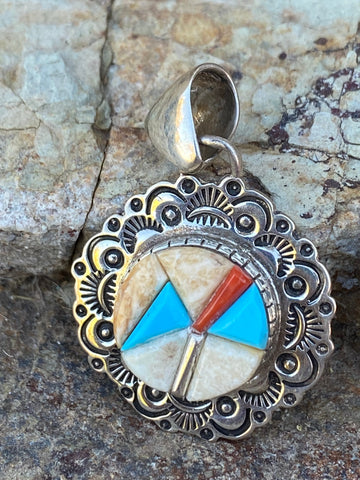 Navajo Turquoise, Coral & Mother of Pearl Pendant Necklace