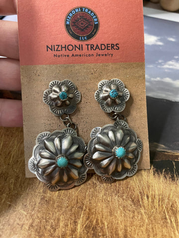 Navajo Sterling Silver And Turquoise Concho Dangle Earrings Signed