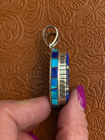 Navajo Lapis, Turquoise, Blue Opal Oval Pendant