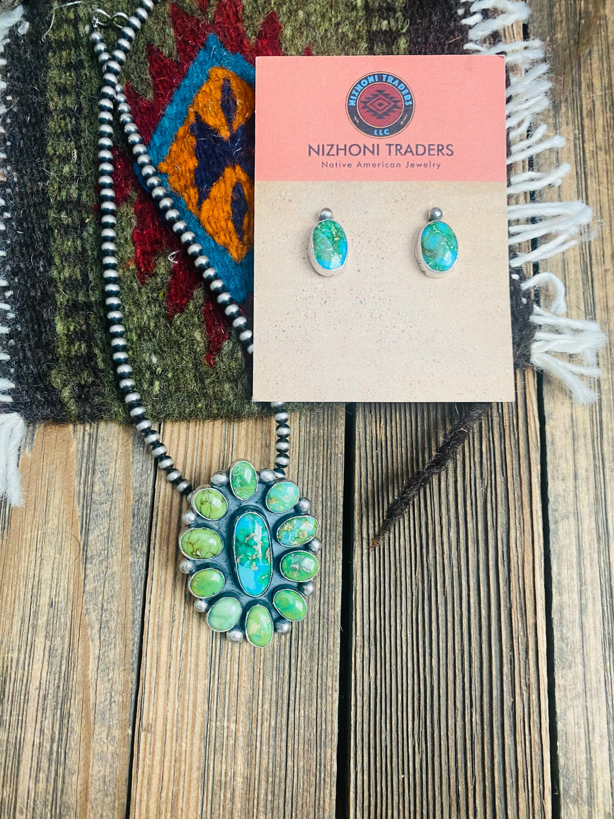 Navajo Sonoran Mountain Turquoise & Sterling Silver Cluster Earrings & Pendant Set