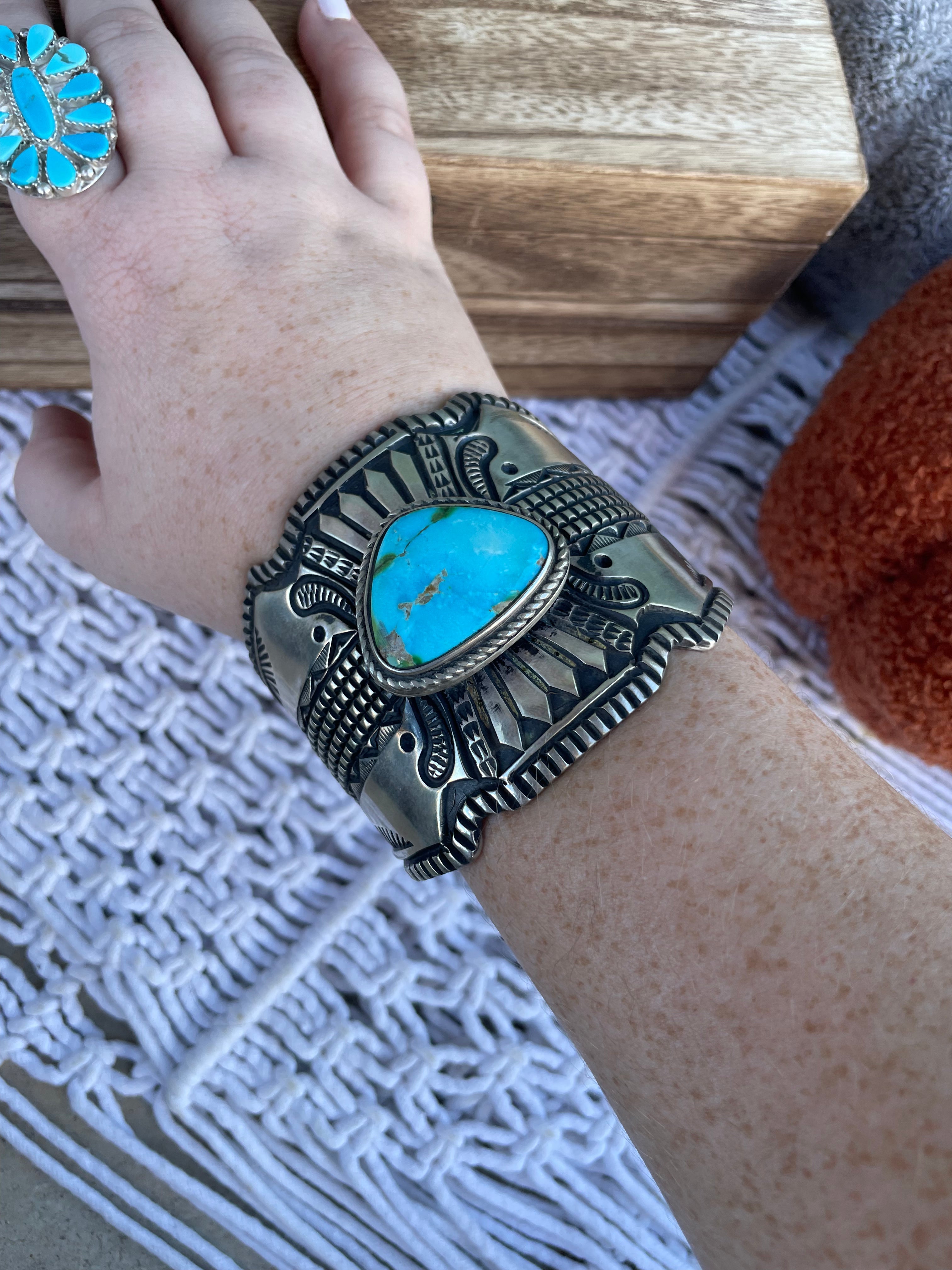 Navajo Hand Stamped Turquoise And Sterling Silver Cuff Bracelet By Elvira Bill