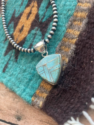 Number 8 Turquoise Inlay & Sterling Silver Pendant