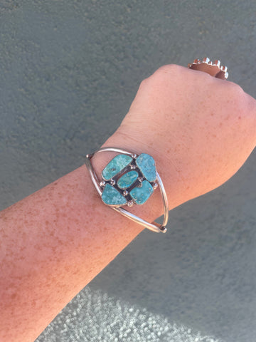 “The Jessi” Navajo Turquoise & Sterling Cluster Adjustable Cuff By J Begay