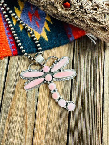 Navajo Queen Pink Conch & Sterling Silver Dragonfly Pendant By Shawn Cayatineto