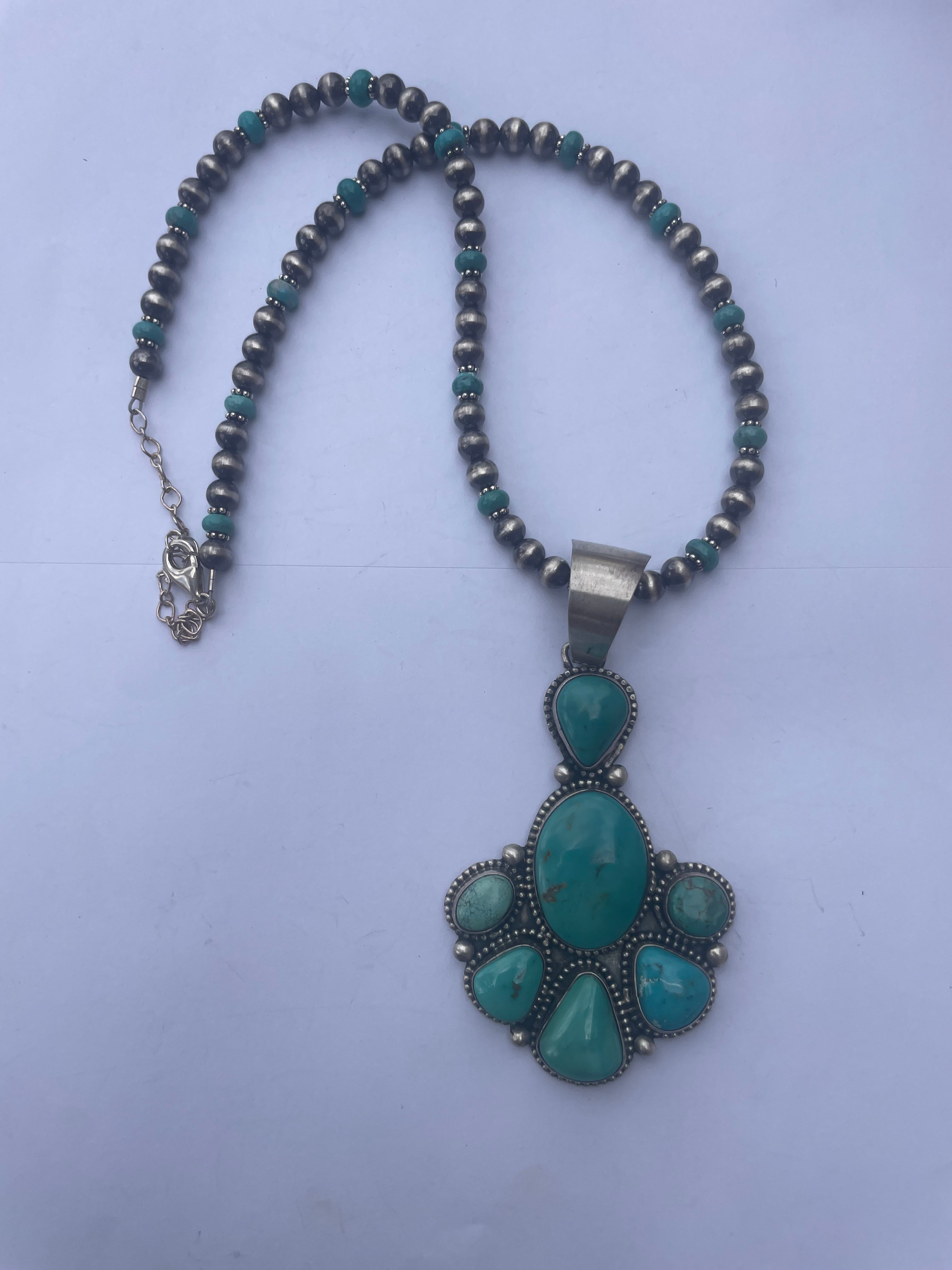 Navajo Sterling Silver & Turquoise Beaded Necklace With Pendant Signed Bea Tom