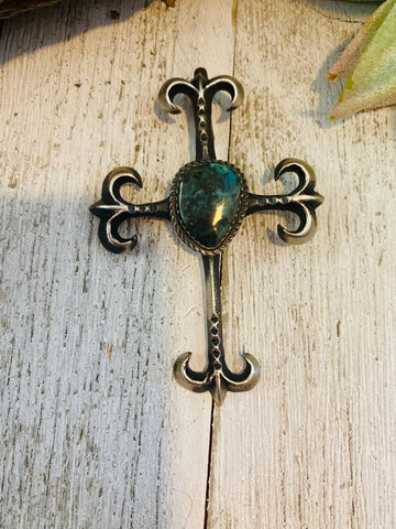 Navajo Sterling Silver & Royston Turquoise Cross Pendant By Martha Cayatineto