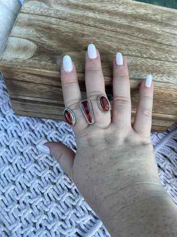 Navajo Sterling Silver And Dark Orange Spiny Adjustable Triple Threat Knuckler Ring