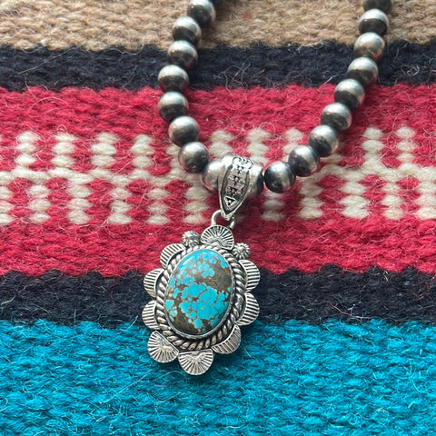 Handmade Sterling Silver & Number 8 Turquoise Pendant Signed Nizhoni