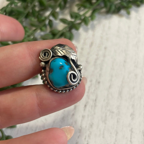 Navajo Turquoise & Sterling Silver Feather Ring Signed Size 8.75