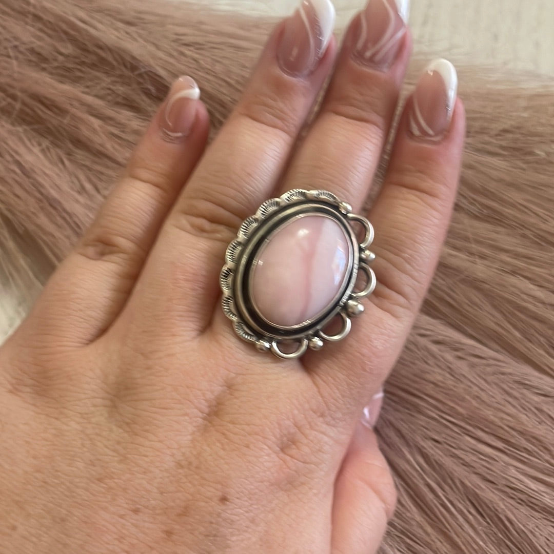 Gorgeous Navajo Pink Peruvian Opal And Sterling Silver Adjustable Ring