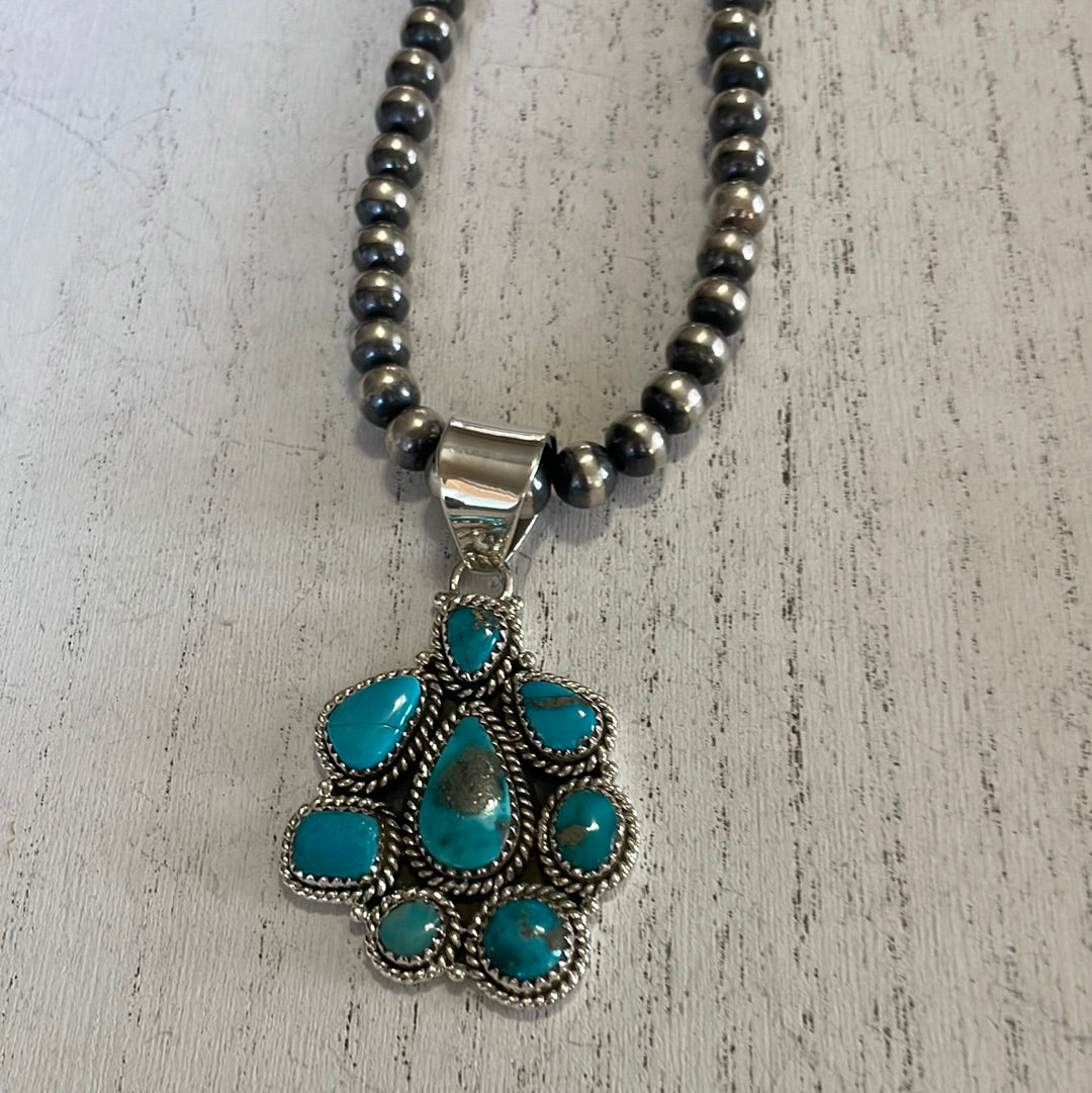 Handmade Sterling Silver & Turquoise Cluster Pendant Signed Nizhoni