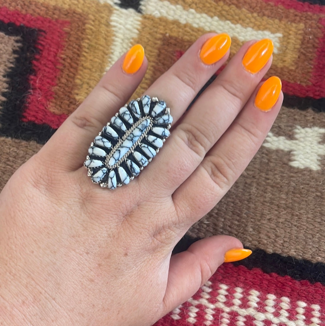 Navajo Sterling Silver & White Buffalo Cluster Ring Signed